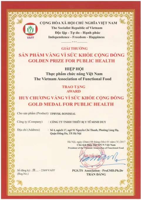 BoniSeal - Giải thưởng sản phẩm vàng vì sức khỏe cộng đồng năm 2017